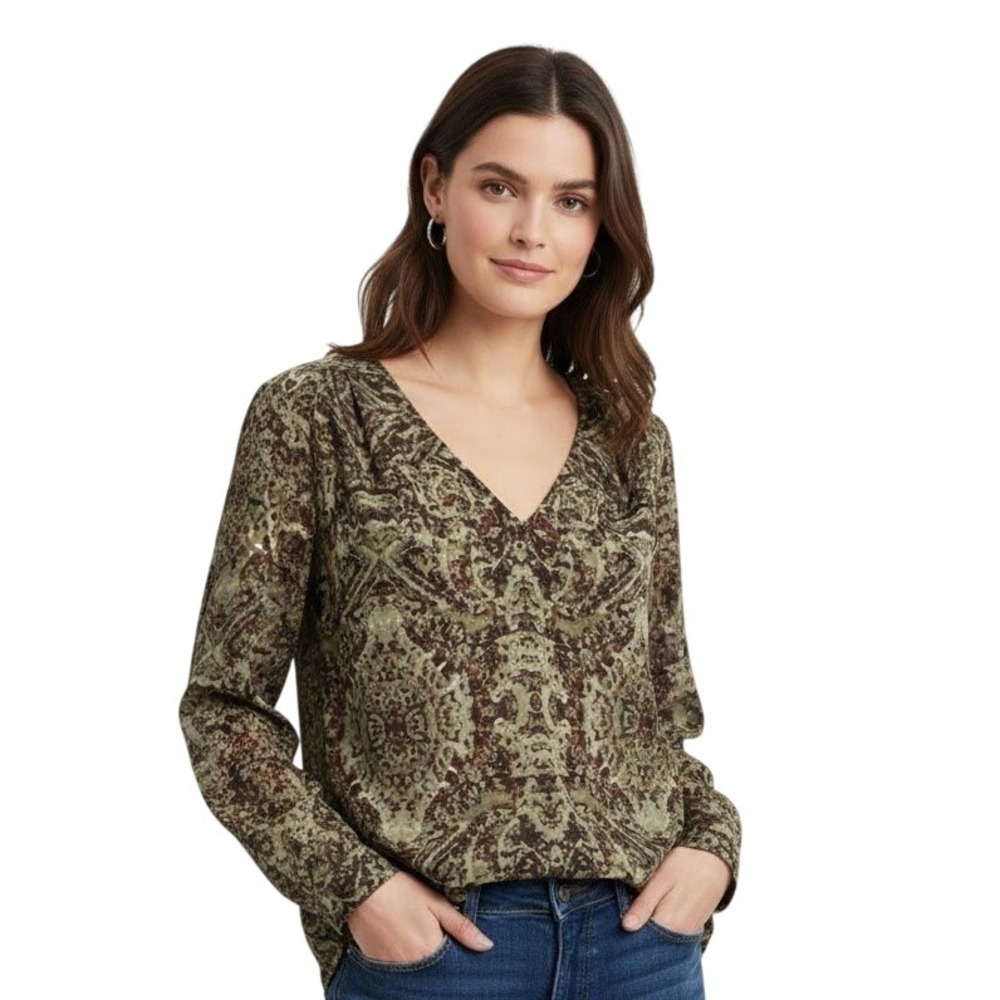 Violet Claire Blouse V Neck Long Sleeve Abstract Print Womens Top Size Large